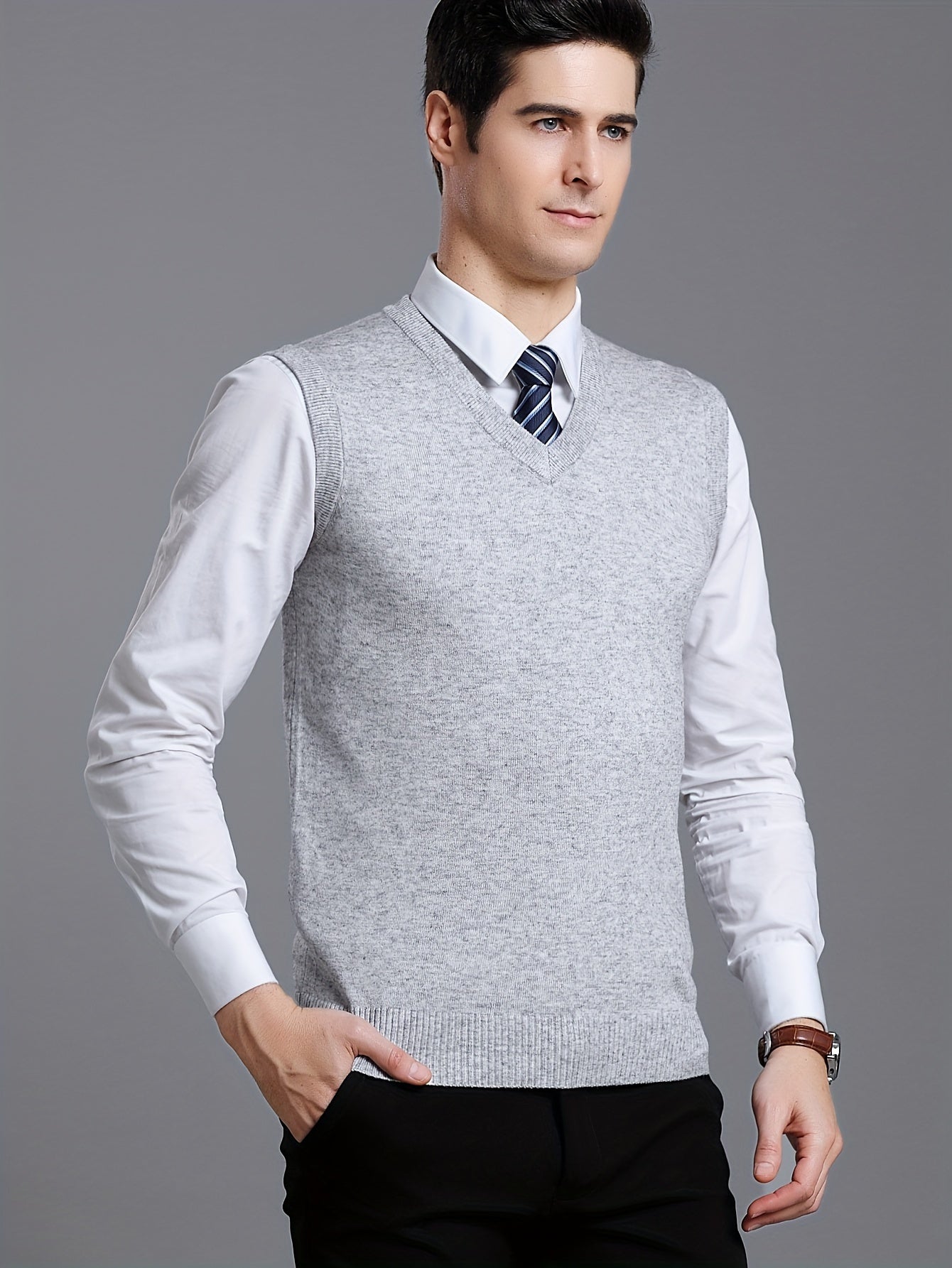 Gilet Homme Sans Manches en Laine Stretch - Texture Côtelée Élégante, Tricot Chaud pour Tenue Décontractée et Golf, Anniversaire - Noir