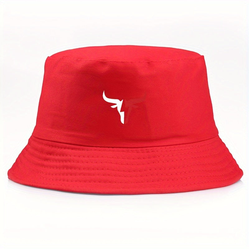 1pc Elegant Cotton Blend Bucket Hat with Bull Logo Print, Reversible Outdoor Casual Cap, Gift for Dad
