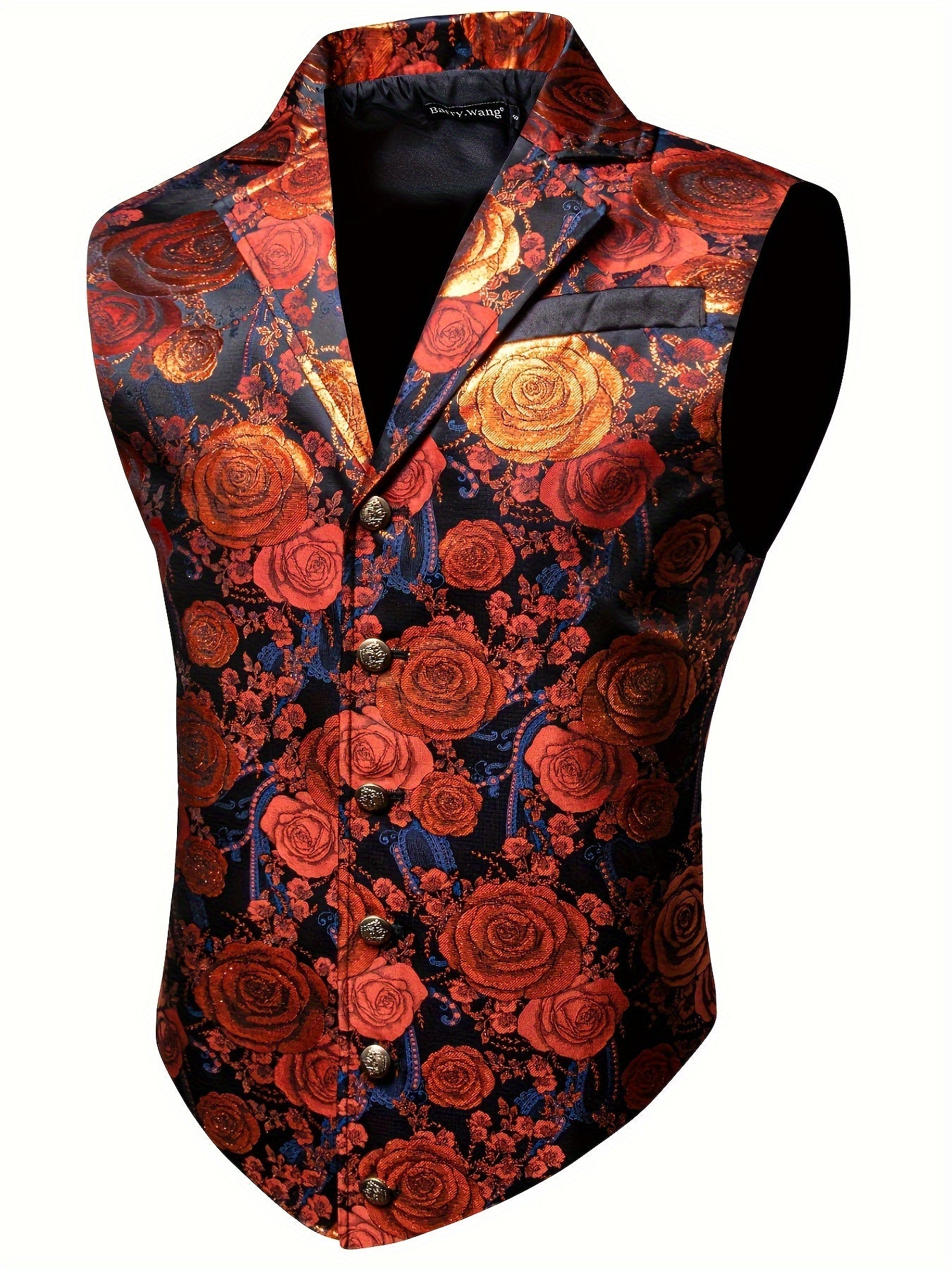 Gilet de Costume Jacquard Floral Vintage pour Hommes - Style Steampunk Gothique, Imprimé Floral Vert & Doré, Col Sur Mesure, Bouton en Cuivre, Poches Latérales, Parfait pour les Mariages, Bal de Promo & Événements Formels
