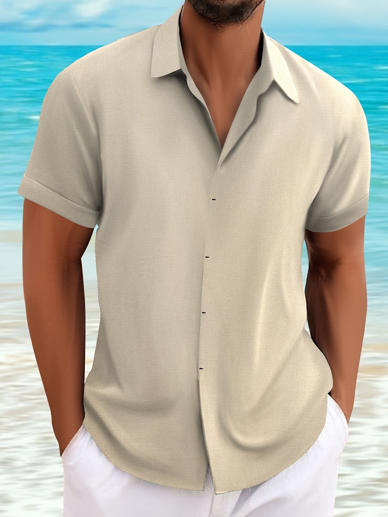 Casual Short-Sleeved Blue Linen Shirt for Men, Featuring an Invisible Button-Up Design, Perfect for Summer Weddings at The Beach.