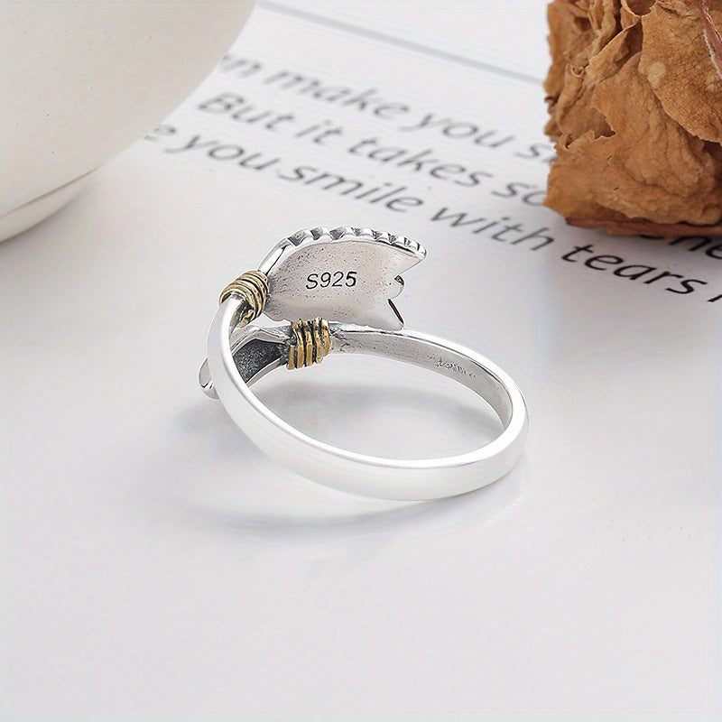 XKV Brand 925 Sterling Silvery Vintage Arrow Feather Design Open Ring, Street Style Fashion Elegant Adjustable Band, Unique Antique Finish, Gift for Girlfriend, Approx 3g