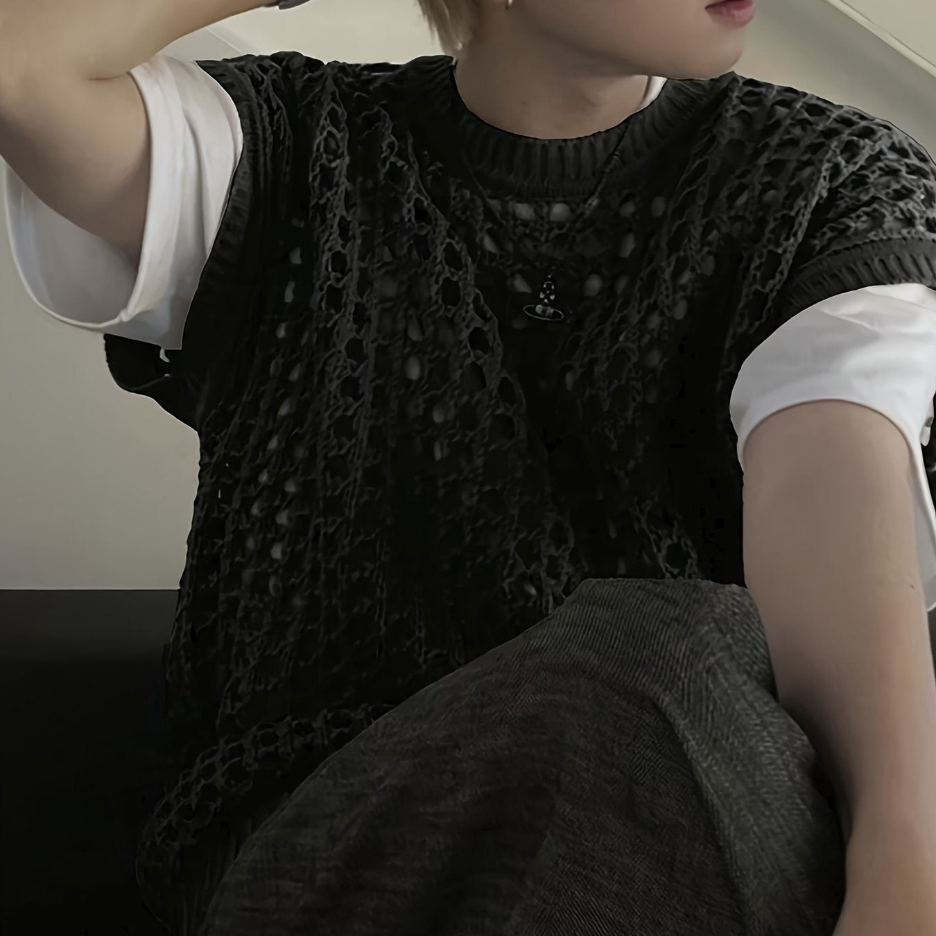 Débardeur homme en viscose ajourée, col rond sans manches - Couleur unie pour look décontracté, extérieur et streetwear - Printemps\u002FÉté\u002FAutomne