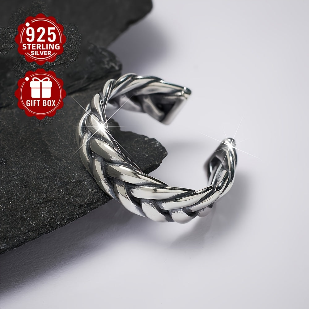 1PC 925 Sterling Silver Vintage Couple Braided Rope Ring Aged Geometric Open Ring For Men And Women Holiday Birthday Anniversary Gift (about 4.49g)