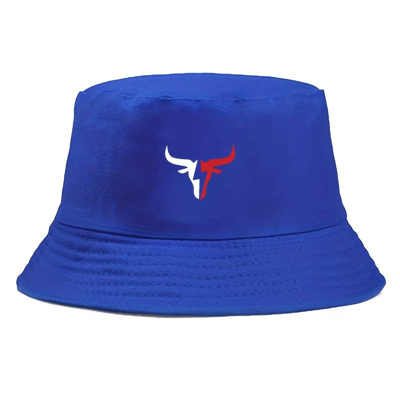 1pc Elegant Cotton Blend Bucket Hat with Bull Logo Print, Reversible Outdoor Casual Cap, Gift for Dad