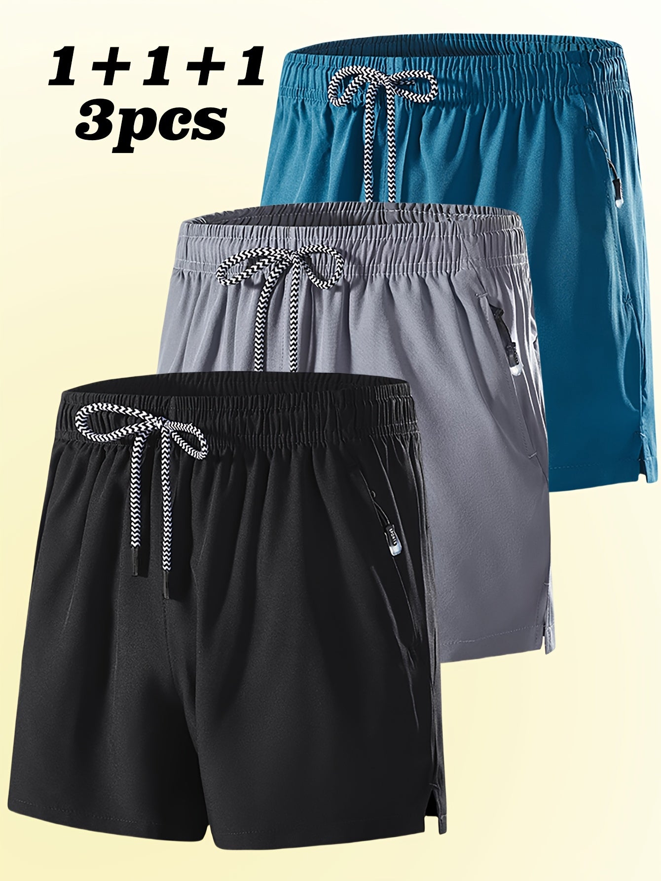 3pcs Men's Casual Athletic Shorts - Breathable, Comfortable, Zippered Pockets, Elastic Waistband, Solid Colors (Blue, Gray, Black) for Fitness, Running & Casual Attire, Running Shorts | Minimalist Shorts | Smooth Texture