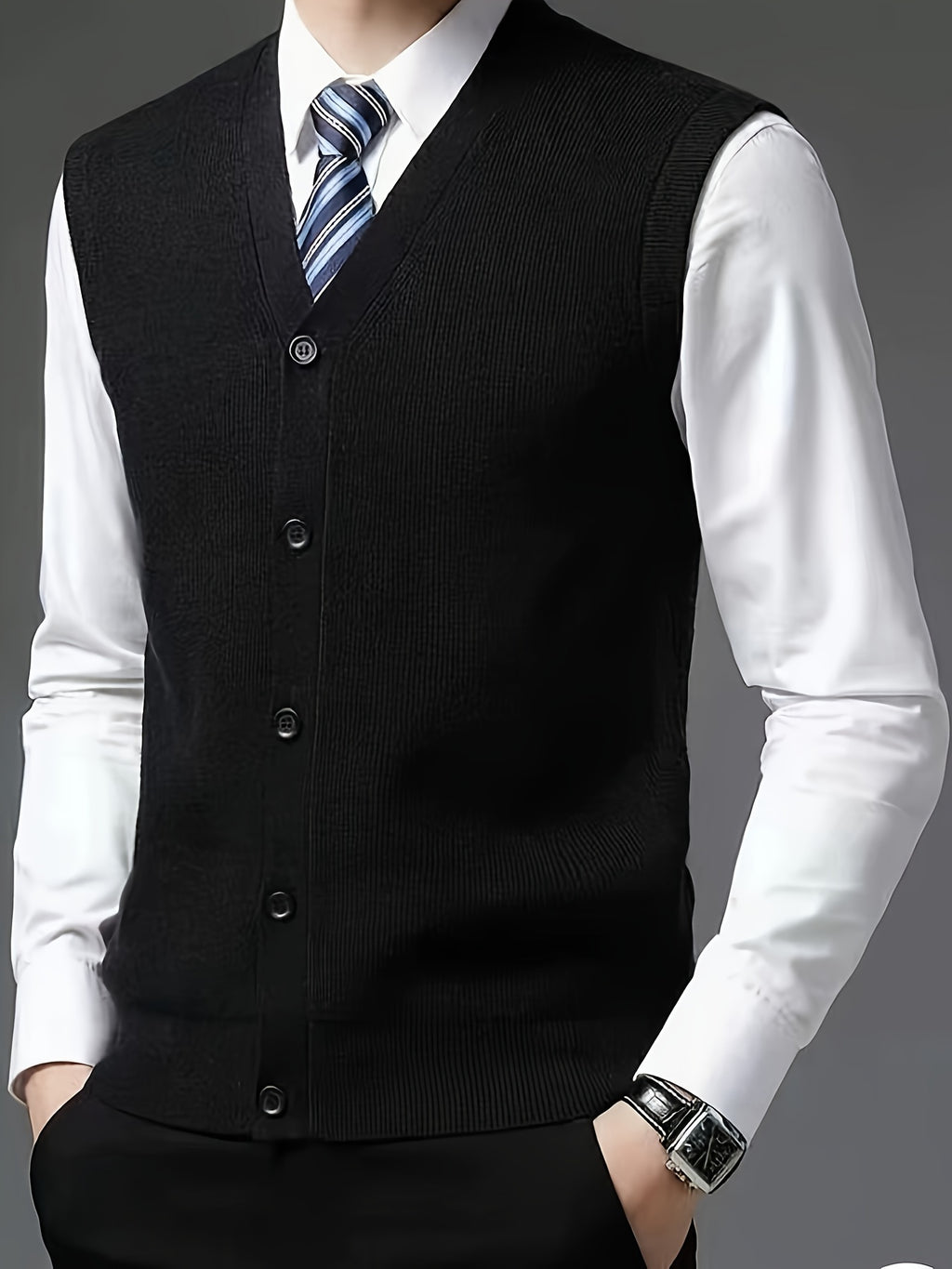 Gilet à col en V de couleur unie tricoté confortable et à la mode pour hommes 1 pièce (Jiang Xuyu)