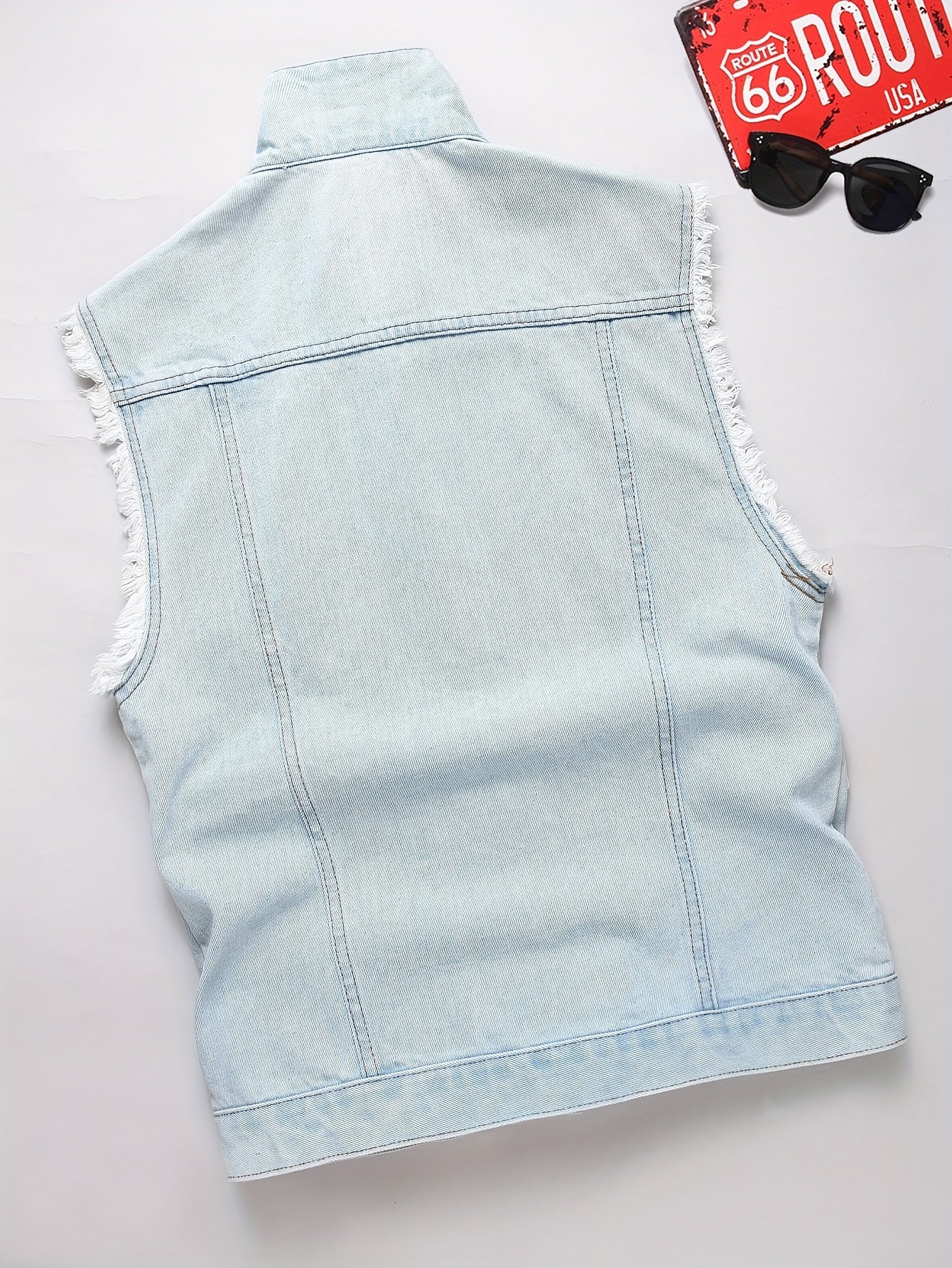 Veste en denim délavé pour homme, mélange coton, non extensible, déchirée, coupe régulière, sans manches, col à revers, style streetwear, tissé, pour printemps\u002Fautomne