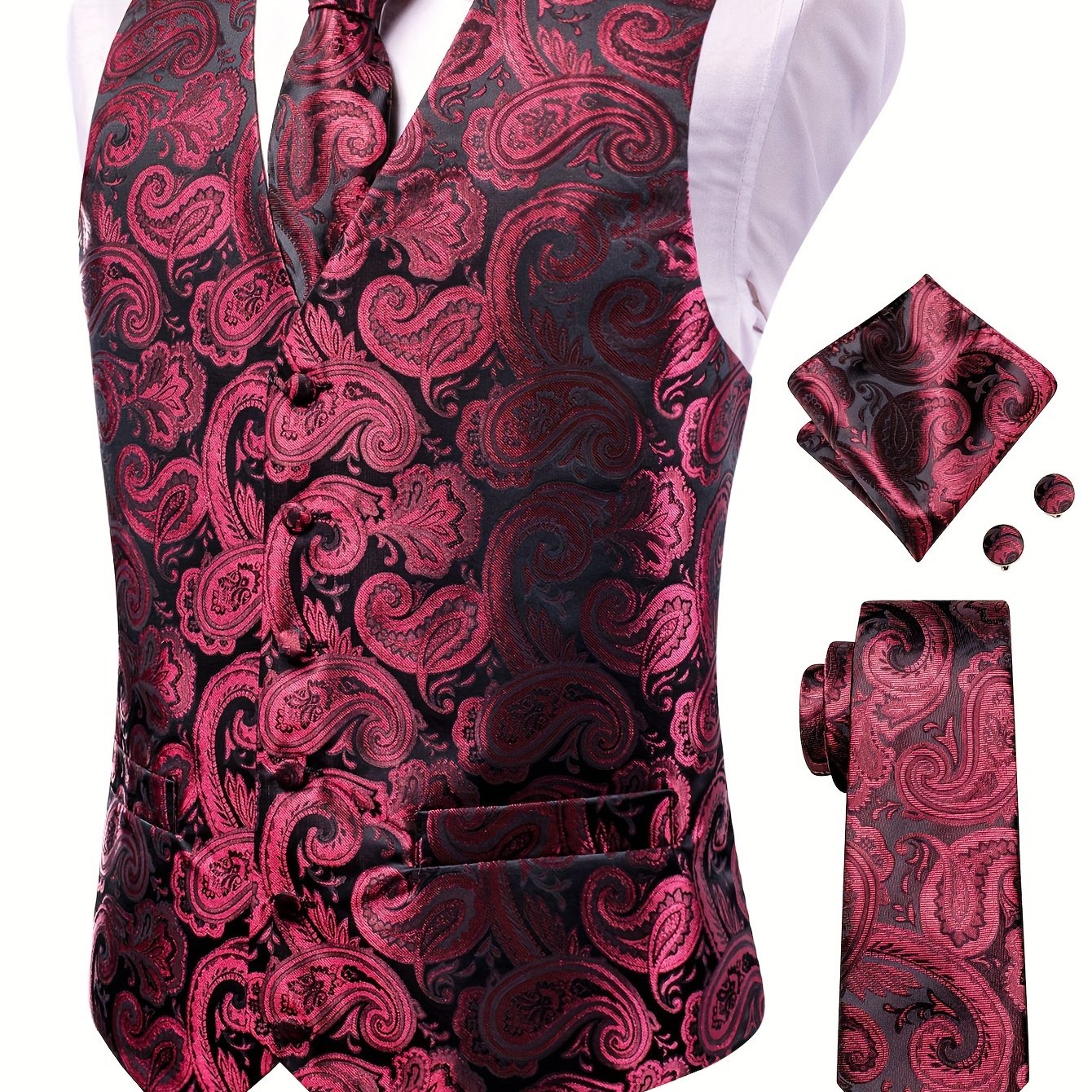 Gilet élégant en jacquard cachemire pour homme avec cravate + mouchoir + boutons de manchette pour mariage\u002Foccasions spéciales