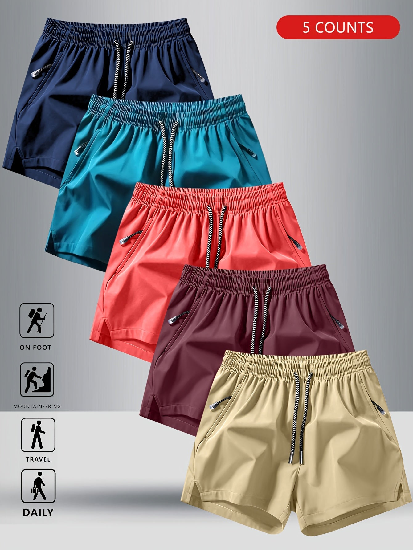 5pcs Men'S Summer Sports Shorts - Breathable, Lightweight, Moisture-Wicking Drawstring Waist, Solid Colors (Green, Red, Purple, Blue, Tan) for Casual, Outdoor, and Athletic Activitie