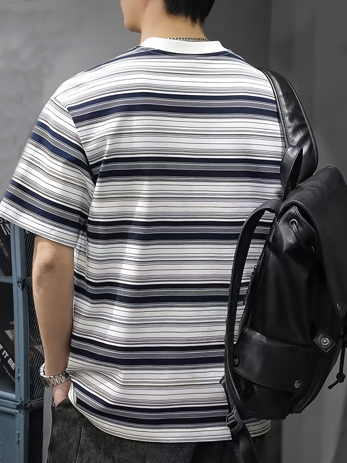 Men'S Summer Casual Striped T-Shirt, Crew Neck, Loose Fit, Polyester 95% Spandex 5%, Medium Stretch Knit Fabric, 180gsm - Fashionable Tee for Men