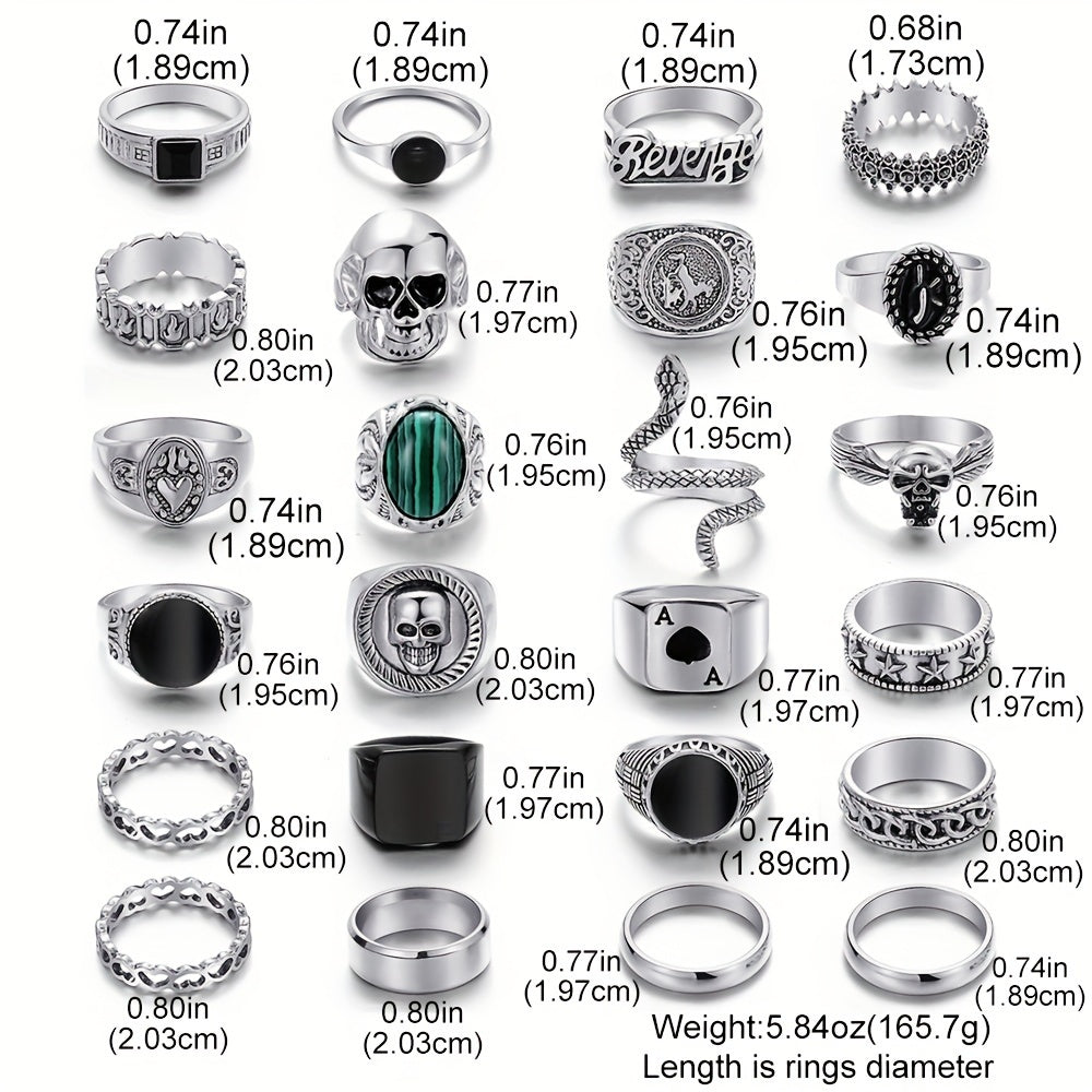 24pcs Silvery Vintage Men's Ring Set with Skull and Heart Snake Gothic Style Rings
