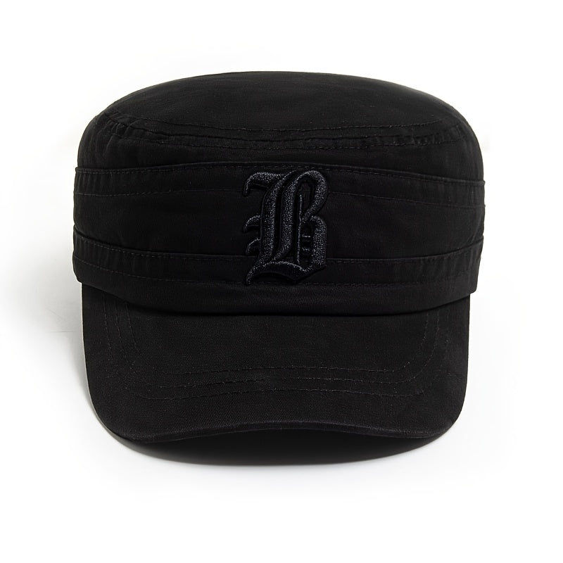 Men'S Embroidered Casual Flat Cap, 100% Polyester, Vintage Style, Solid Color, Soft Fabric, Non-Stretch, with Adjustable for Spring and Autumn