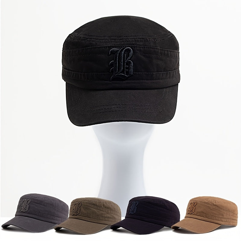 Men'S Embroidered Casual Flat Cap, 100% Polyester, Vintage Style, Solid Color, Soft Fabric, Non-Stretch, with Adjustable for Spring and Autumn