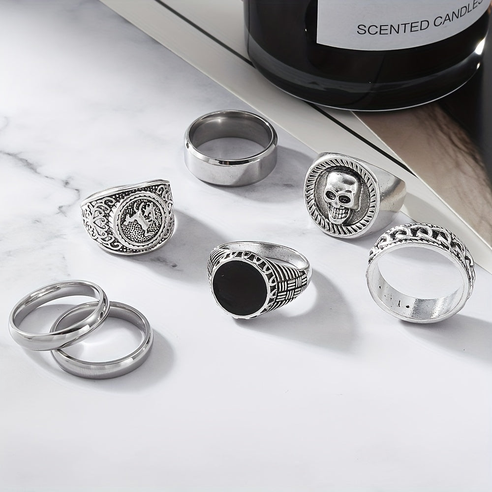 24pcs Silvery Vintage Men's Ring Set with Skull and Heart Snake Gothic Style Rings