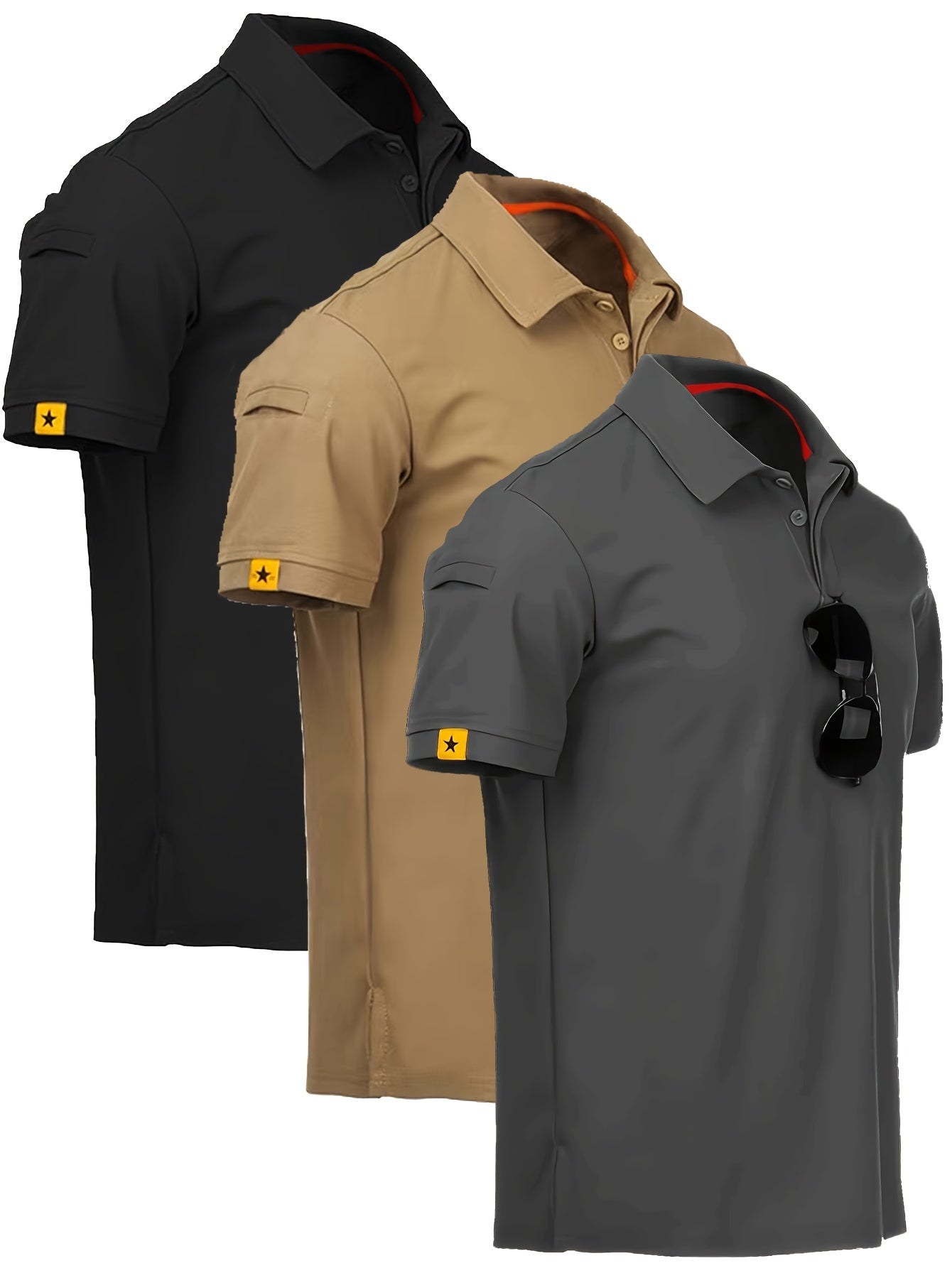 Men'S 3pcs Summer Short Sleeve Polo Shirts, Stretchy Breathable Quick-Dry Comfortable Lightweight for Outdoor Camping, Hiking & Casual Wear, Solid Color with Tag Detail, Hiking Clothing | Tag Detail Shirt | Comfortable Fit