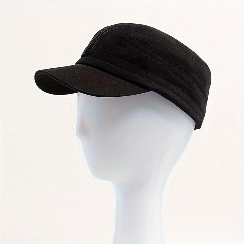 Men'S Embroidered Casual Flat Cap, 100% Polyester, Vintage Style, Solid Color, Soft Fabric, Non-Stretch, with Adjustable for Spring and Autumn