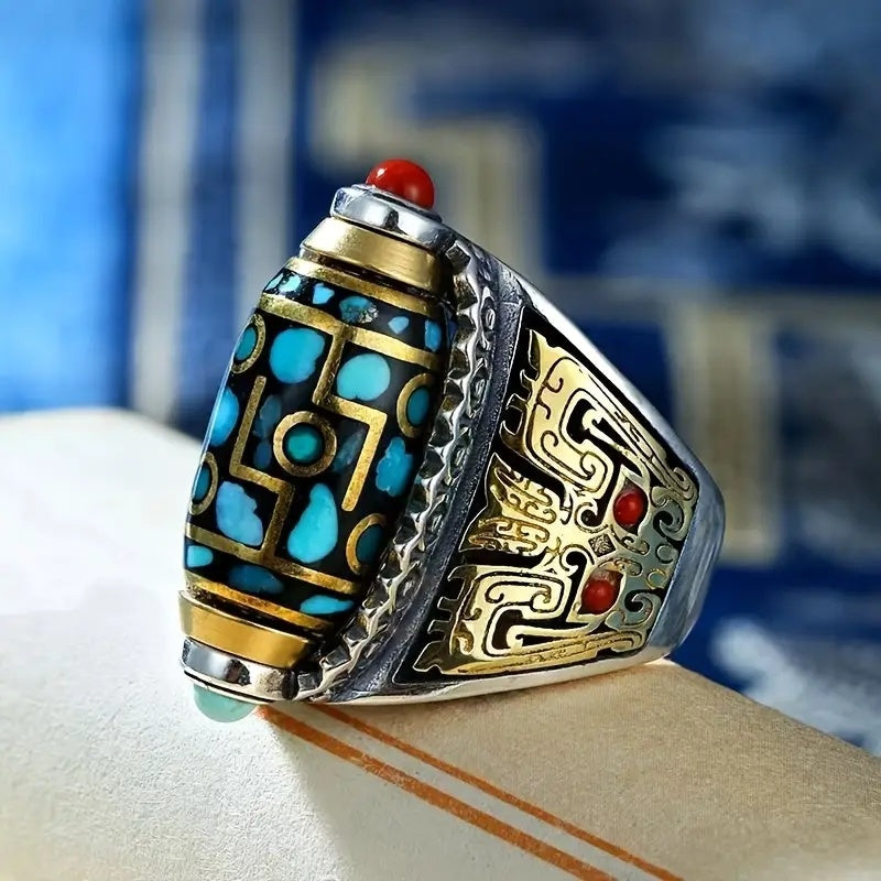 2pcs Six-Character Mantra Nine-Eye Dzi Bracelet Ring, Men'S Fortune, Gift