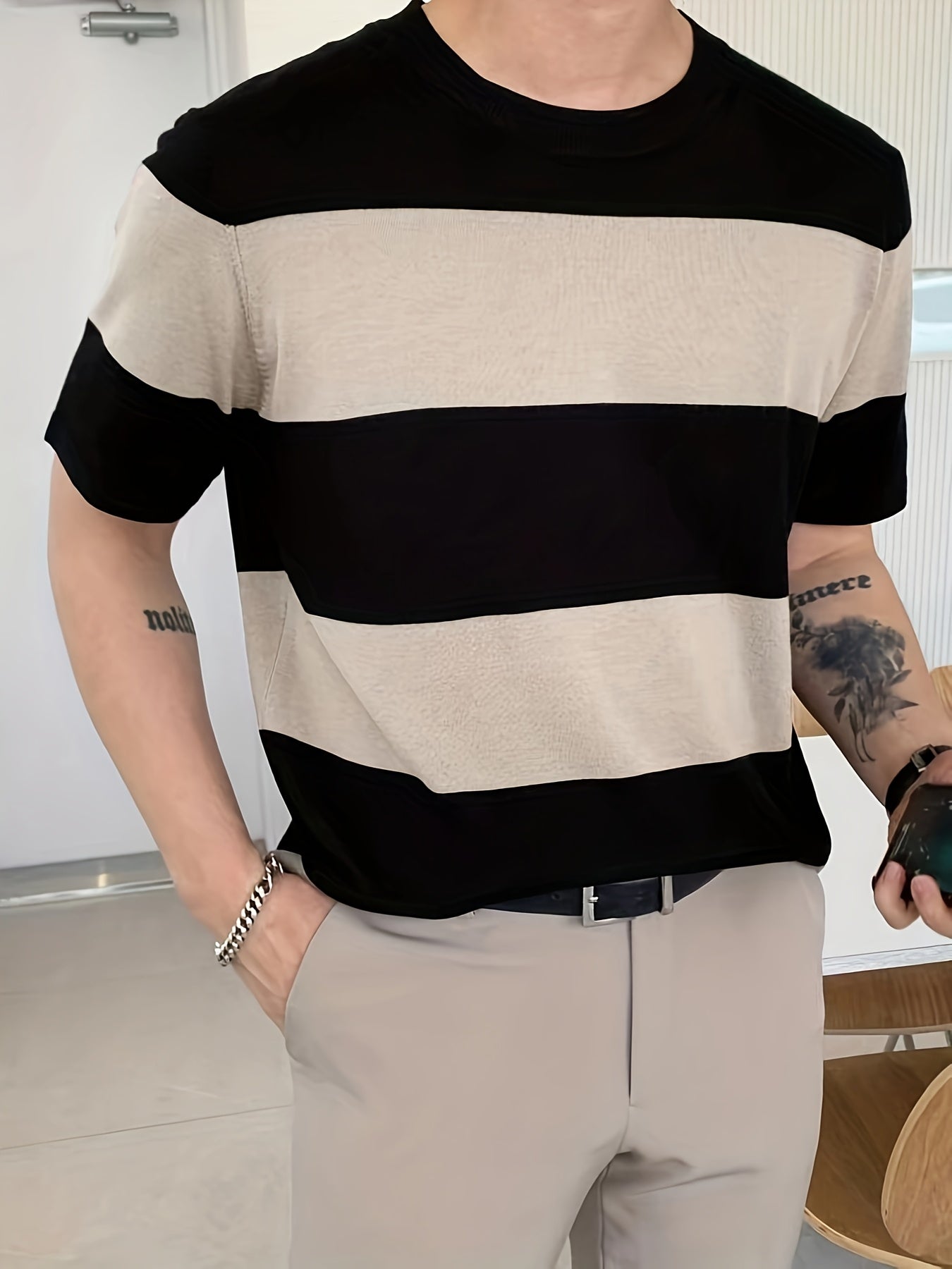Men'S Premium Striped Color-Blocked Lightweight Knitted Short-Sleeve Shirt 490