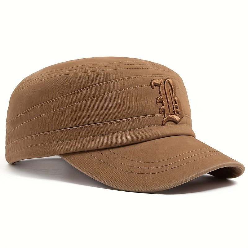 Men'S Embroidered Casual Flat Cap, 100% Polyester, Vintage Style, Solid Color, Soft Fabric, Non-Stretch, with Adjustable for Spring and Autumn