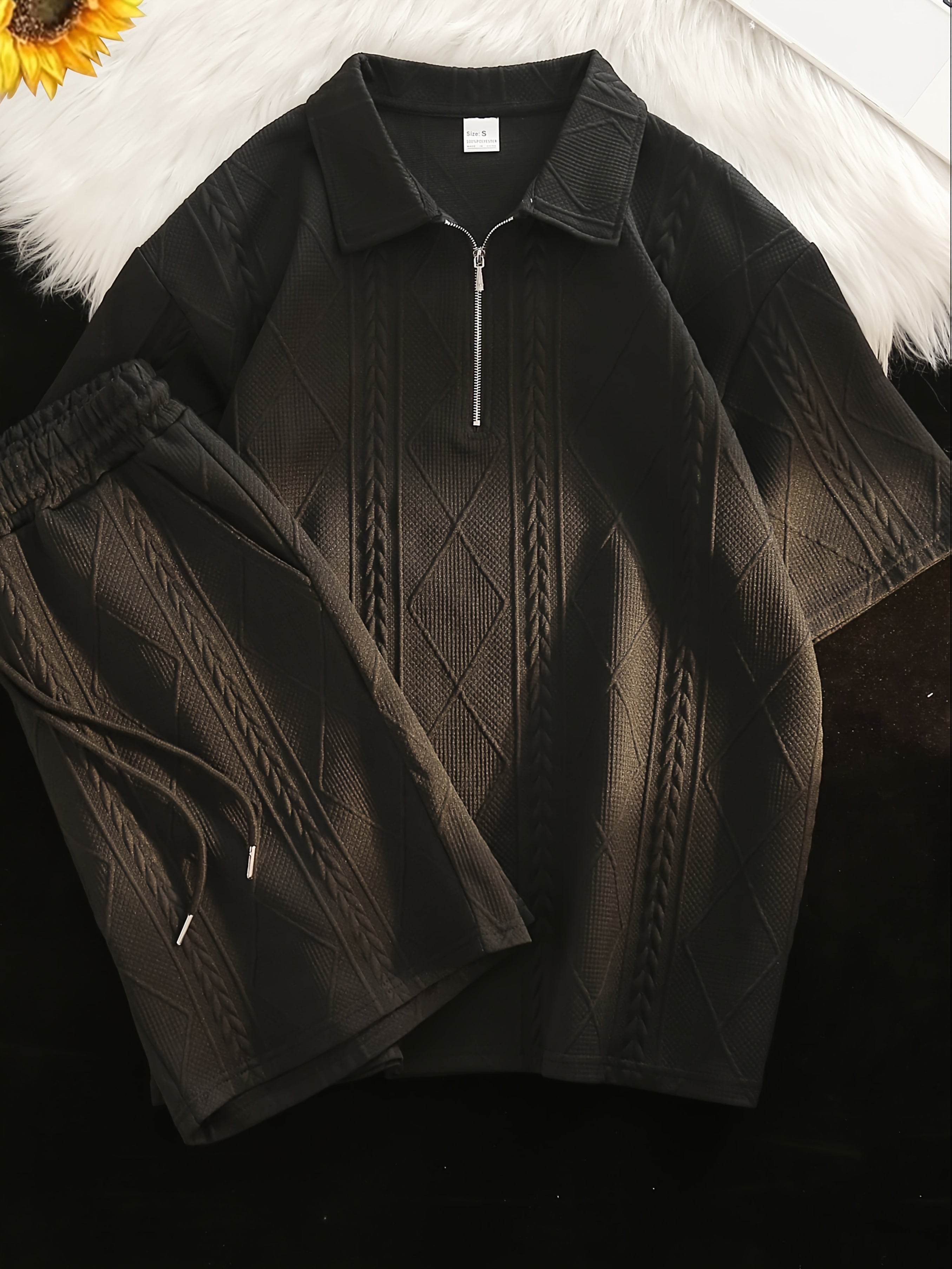 Retro Style 2pcs Men's Casual Summer Outfit Suits, Geometric Pattern Design Short Sleeve Lapel Shirt Top And Shorts Suit