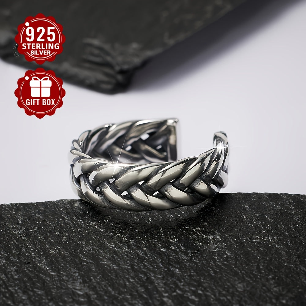 1PC 925 Sterling Silver Vintage Couple Braided Rope Ring Aged Geometric Open Ring For Men And Women Holiday Birthday Anniversary Gift (about 4.49g)