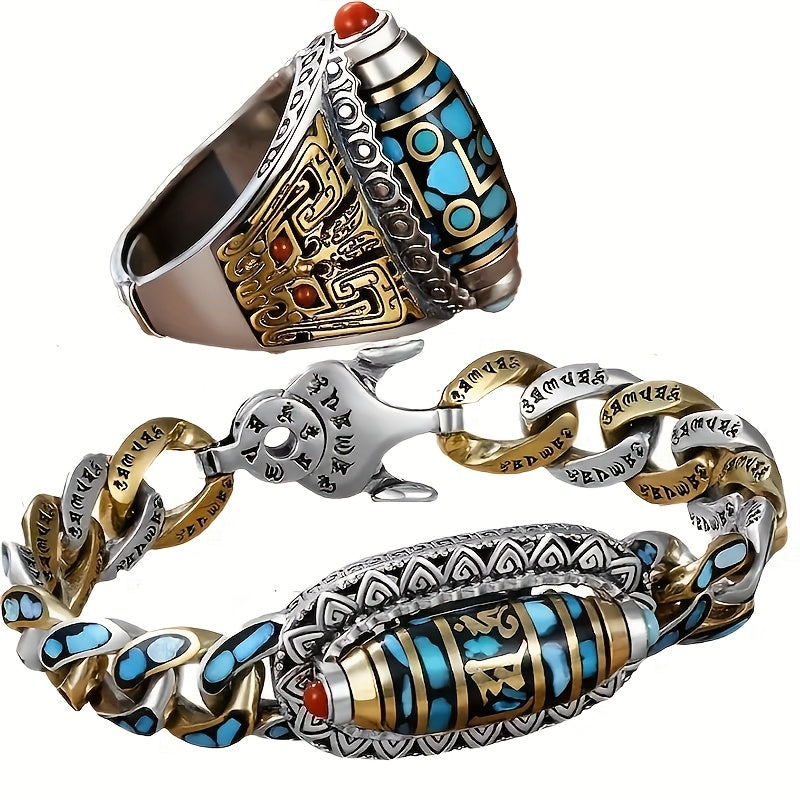 2pcs Six-Character Mantra Nine-Eye Dzi Bracelet Ring, Men'S Fortune, Gift