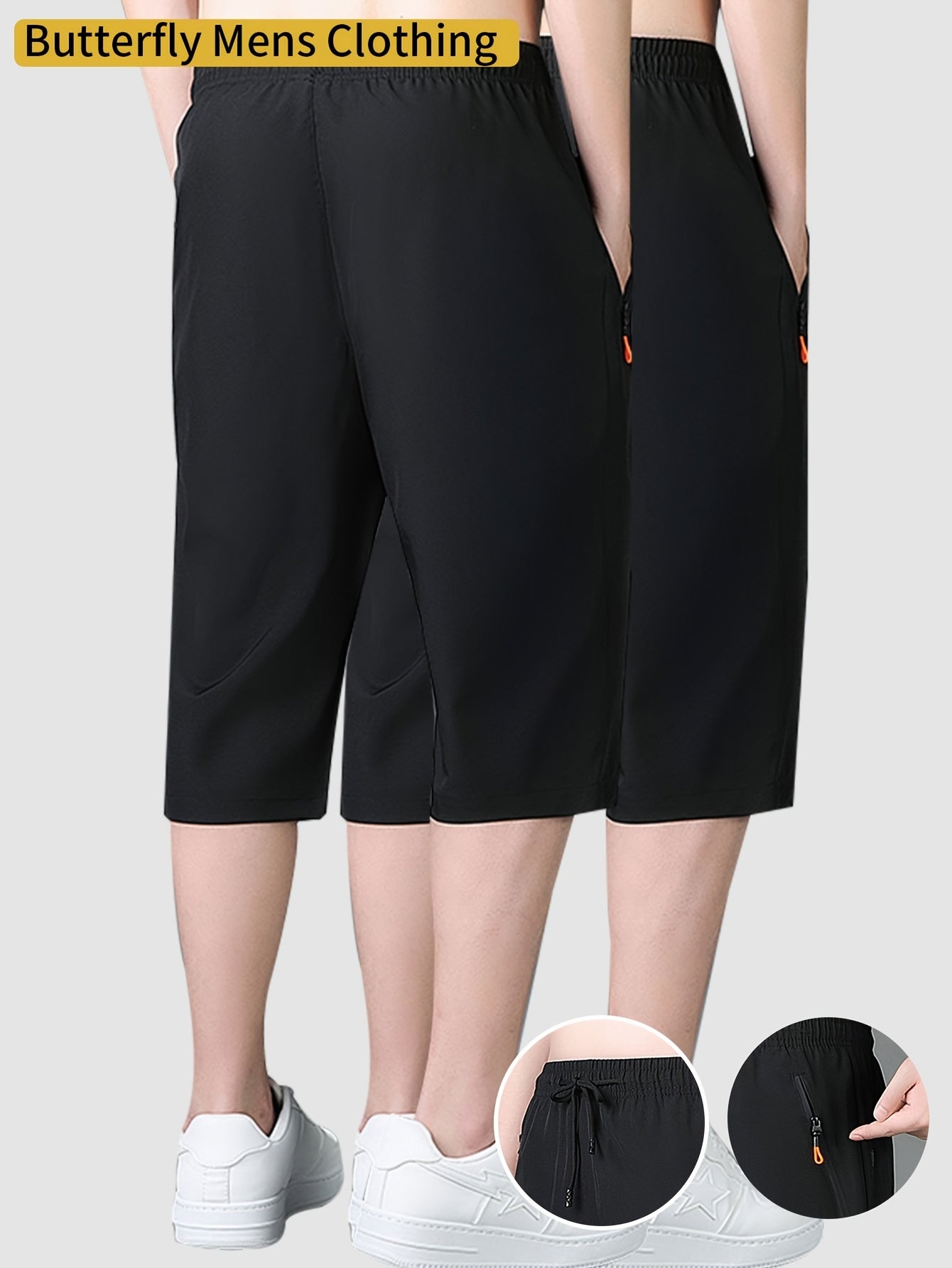 2pcs Men's Mid-Thigh Athletic Shorts with Drawstring & Zipper Pockets - Stylish Letter Print Design, Black & Navy Blue, Perfect for Gym, Casual Wear, Yoga, and Outdoor Activities, Modern Sports Apparel | Durable Sportswear