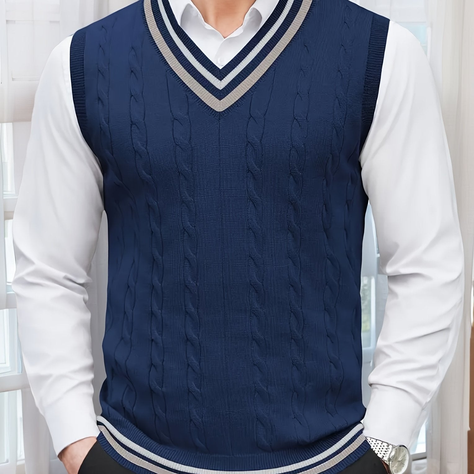 Gilet Homme Sans Manches Col en V Tricoté, Design Décontracté et Rétro, Idéal pour l'Automne et l'Hiver, Parfait pour un Look Décontracté et Sophistiqué en Toute Occasion