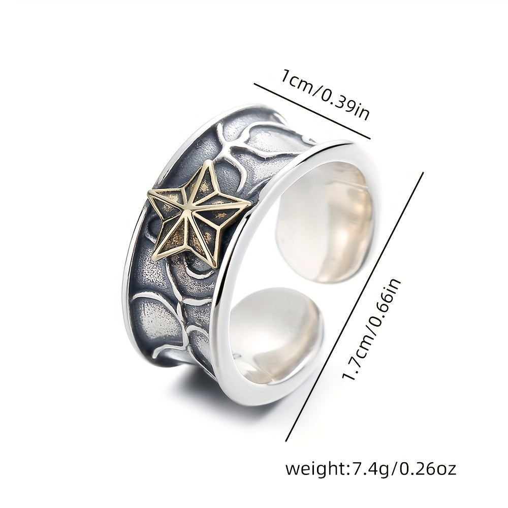 1pc s925 Pure Silver Retro Neutral Water Ripple Set with Copper Stars Thai Silver Ring, Punk Trendy Ring for Men and Women, Suitable for Parties, Approx. 7.4g