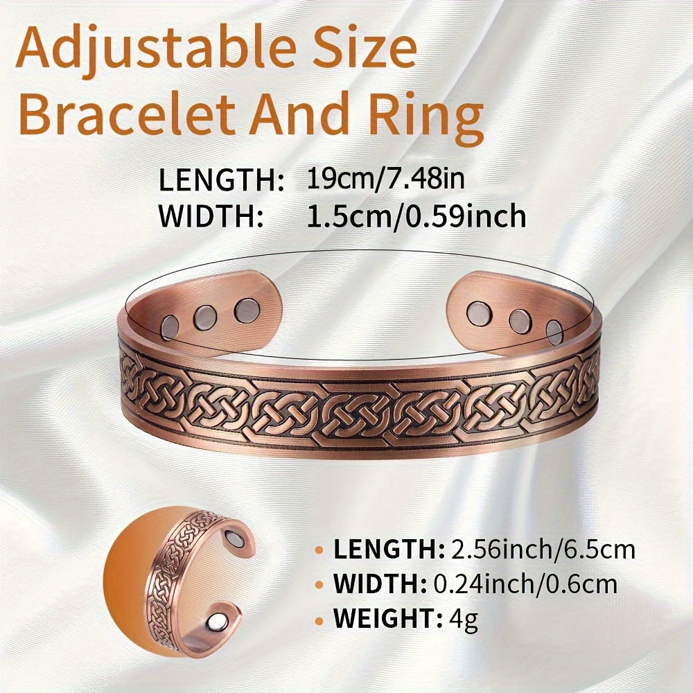 2Pcs Magnetic Copper Bracelet and Ring Set for Men, Adjustable Celtic Design, Natural Anti-Inflammatory Jewelry, Ideal for Christmas Gifts