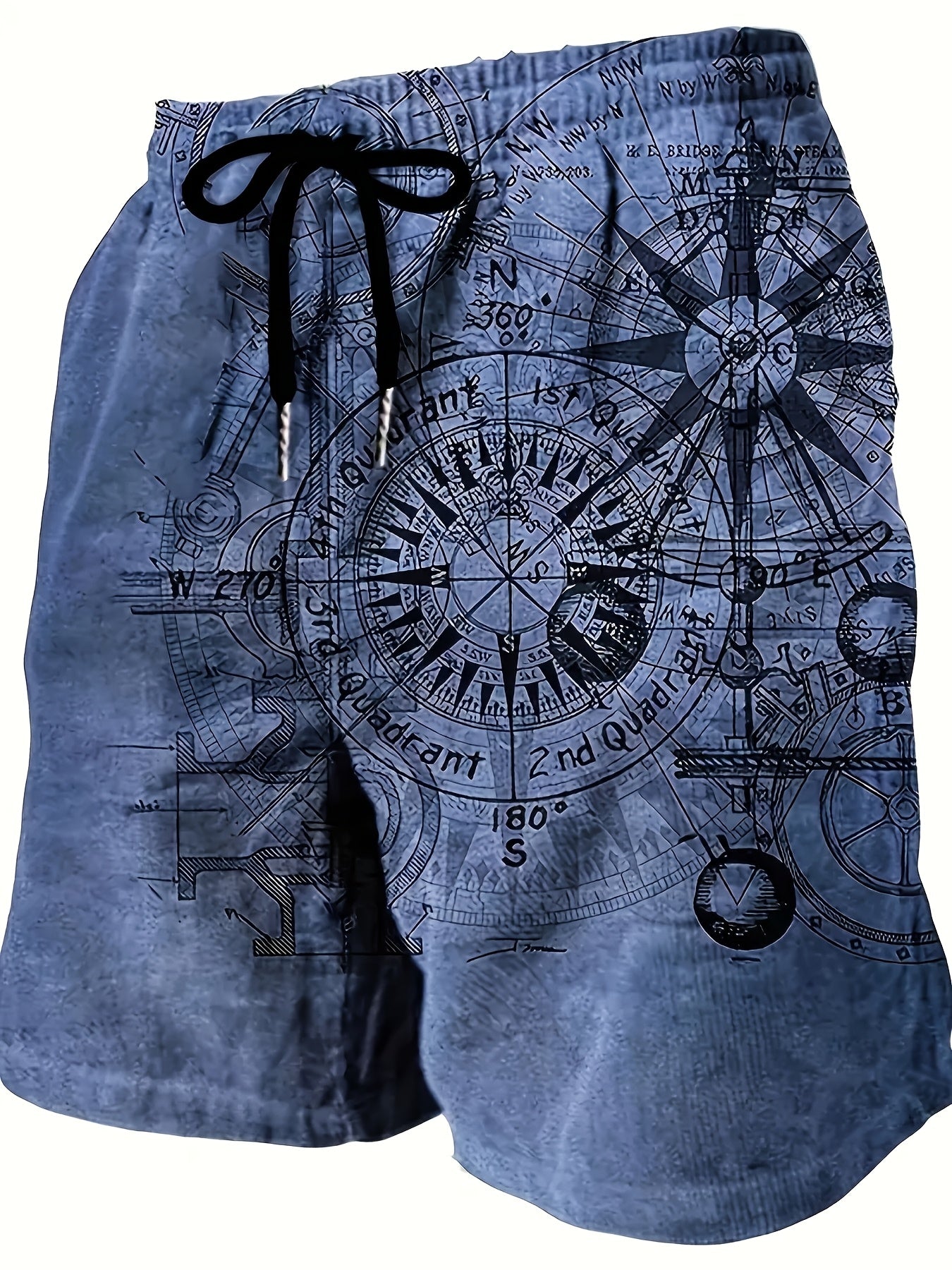 Men's Vintage Nautical Quick-Dry Shorts - Compass & Sailing Charts Design, Ideal for Summer Water Sports, Beach, and Surfing, Lightweight Polyester Fabric with Drawstring Waist