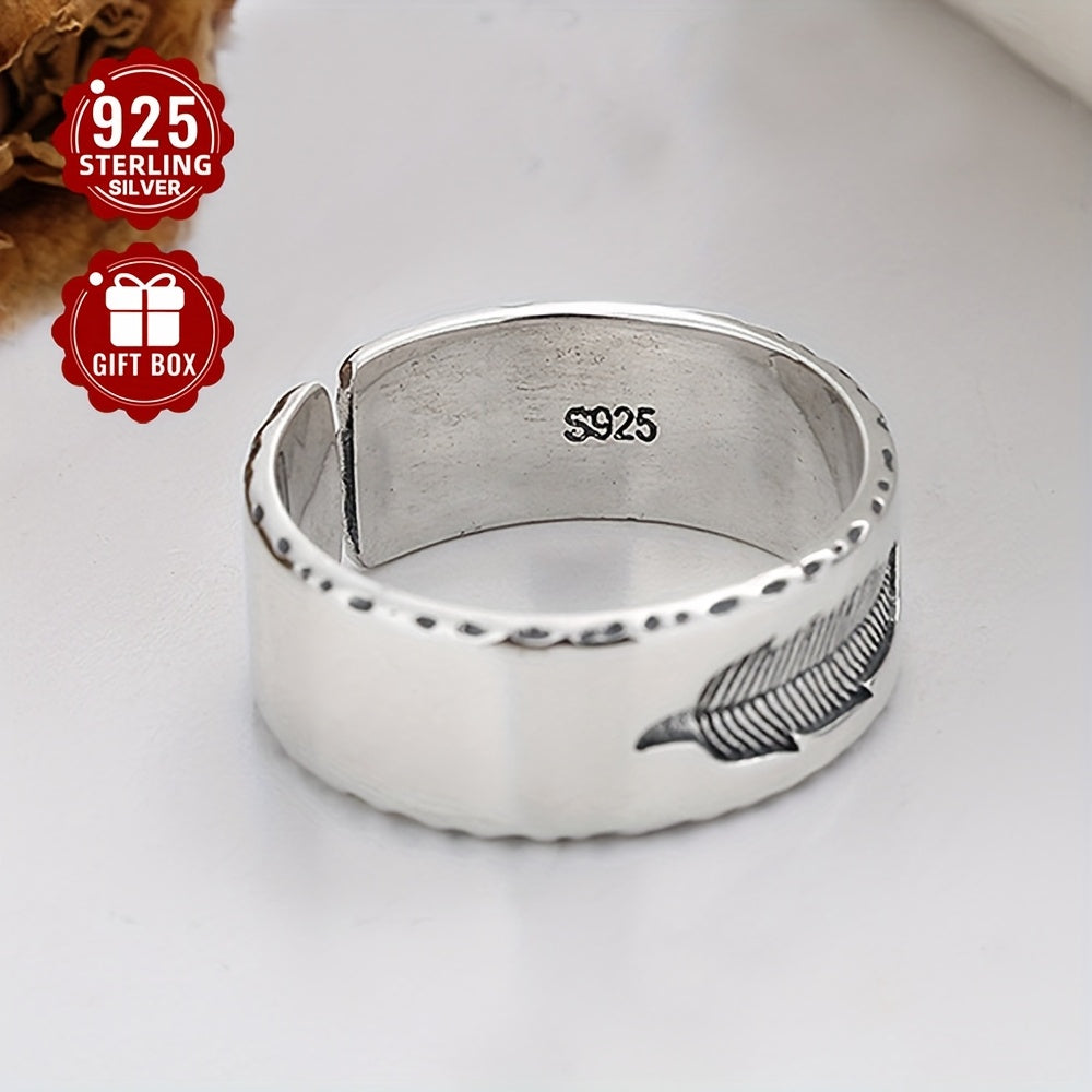 1PCS925 Sterling Silver Low Sensitivity Wide Edition Heavy Work Texture Feather Imprint Open Ring Hip Hop Retro Style For Rock Party Bundy Men's Women's Universal Couple Ring (about 5.6g)