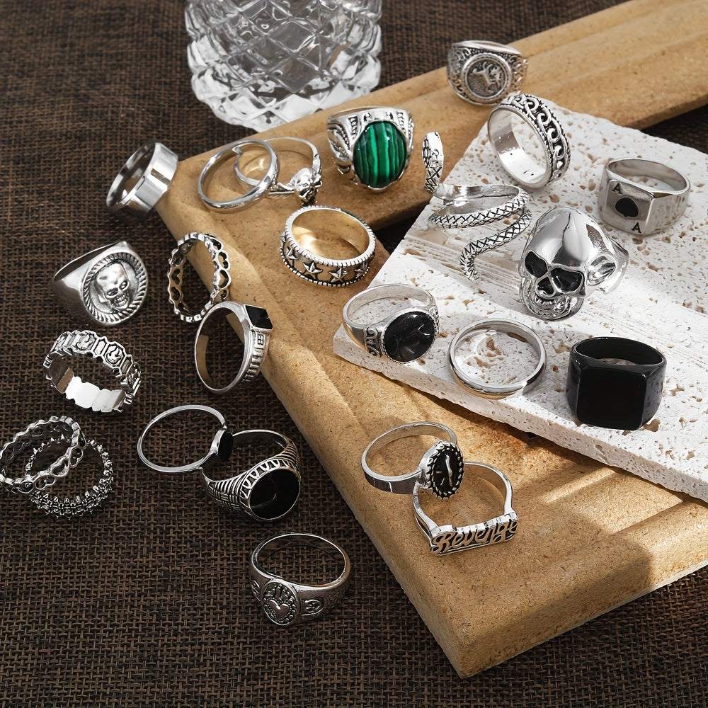 24pcs Silvery Vintage Men's Ring Set with Skull and Heart Snake Gothic Style Rings