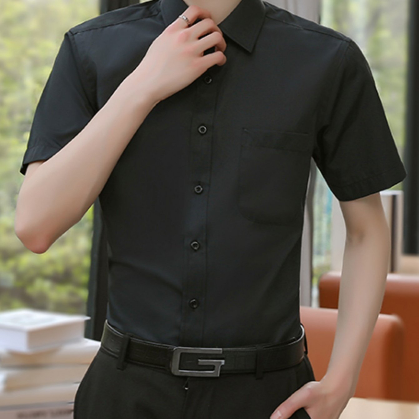 Men'S Solid Color Short Sleeve Dress Shirt - Business Casual Button-Up with Collar, Regular Fit for Office, Parties & Casual Outings (Spring\u002FFall), Short Sleeve Dress Shirt, Spring Fall Attire, Classic Collar, Nonstretch Fabric