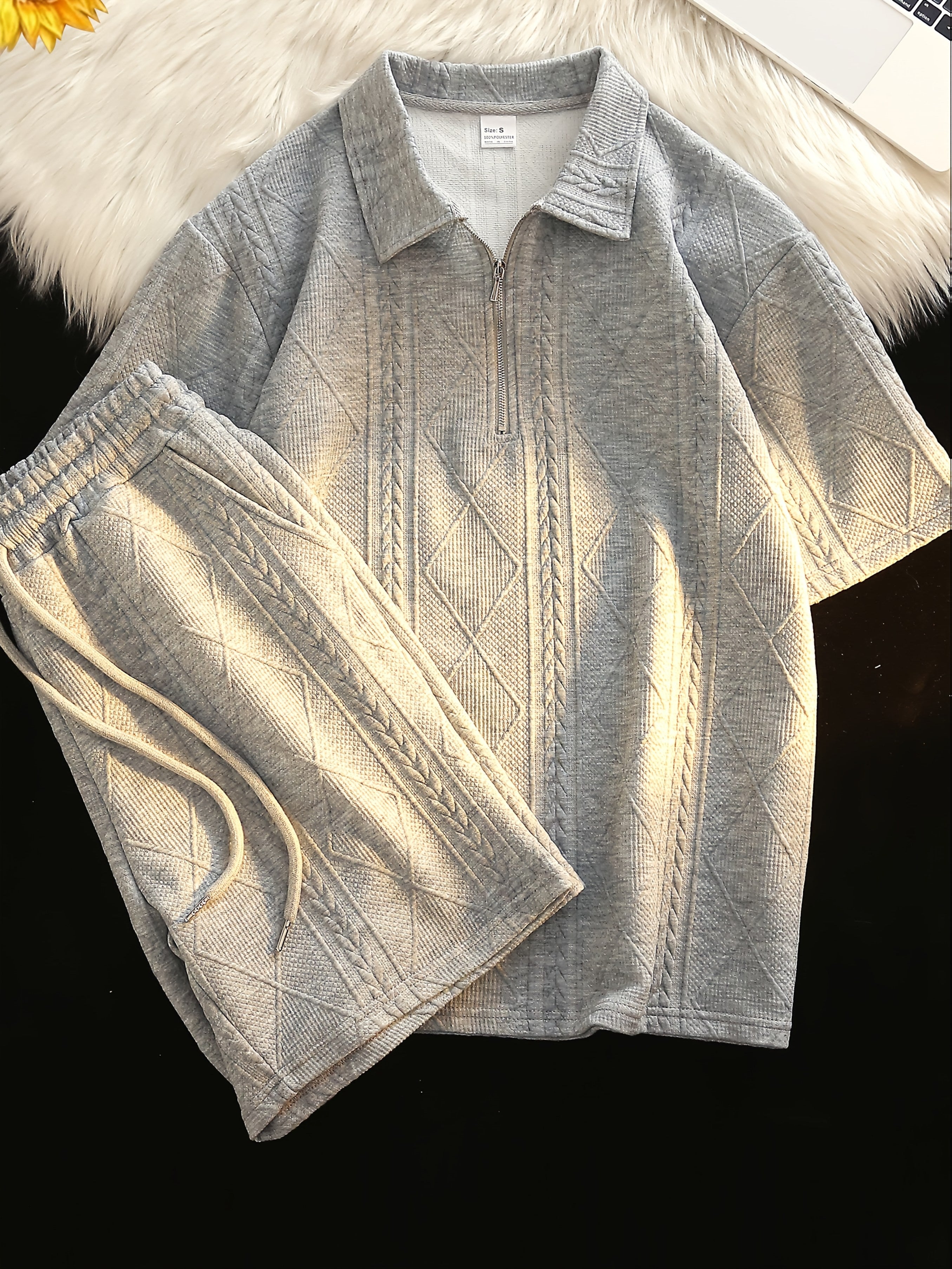 Retro Style 2pcs Men's Casual Summer Outfit Suits, Geometric Pattern Design Short Sleeve Lapel Shirt Top And Shorts Suit