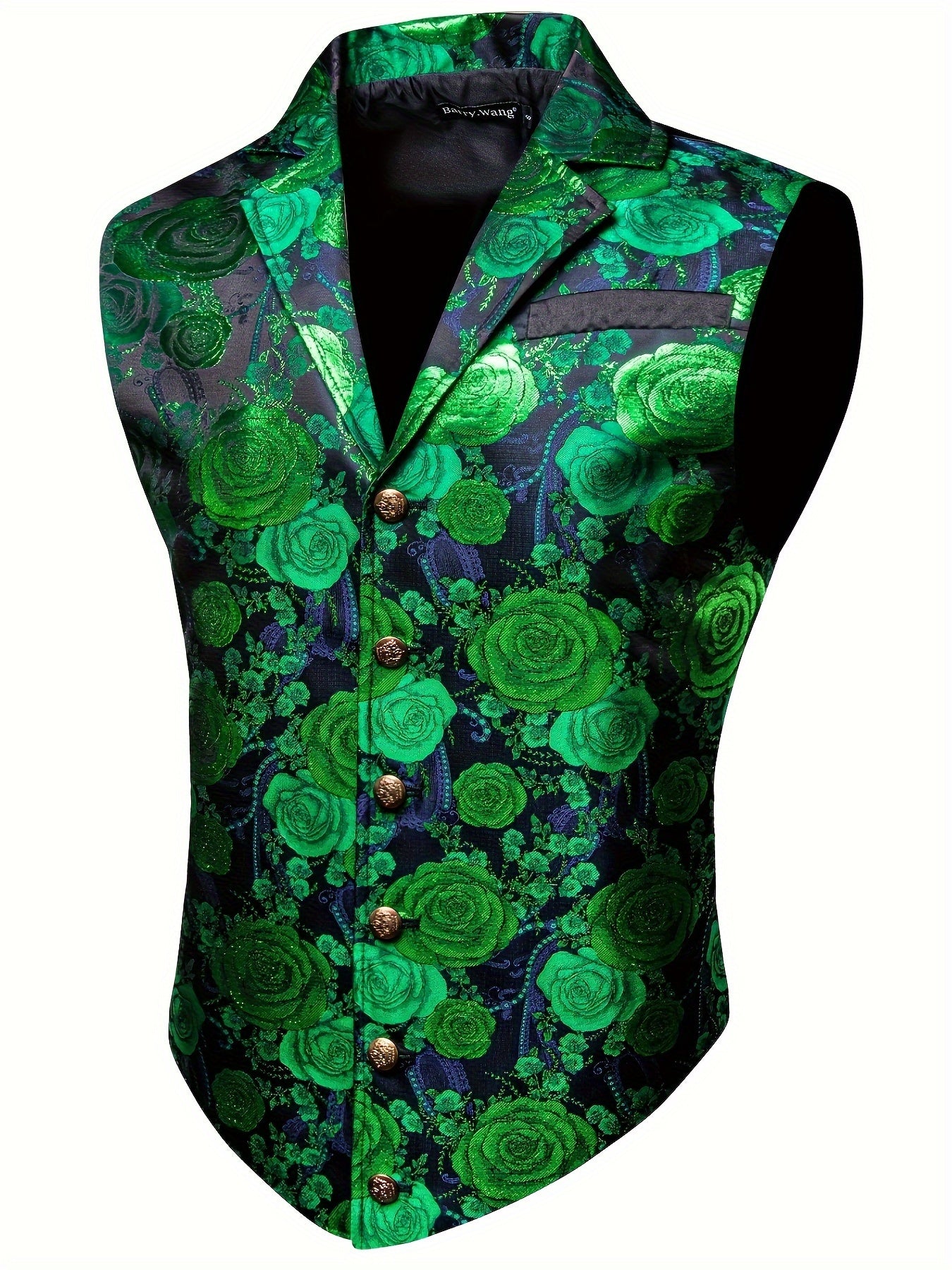 Gilet de Costume Jacquard Floral Vintage pour Hommes - Style Steampunk Gothique, Imprimé Floral Vert & Doré, Col Sur Mesure, Bouton en Cuivre, Poches Latérales, Parfait pour les Mariages, Bal de Promo & Événements Formels