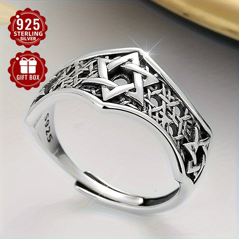 Approx. 4g of Total Weight 1pc Women'S Fashion Wide Band Ring; 925 Pure Silvery Hollow Retro Hip Hop Hexagram Star Adjustable Ring Niche Design Men'S and Women'S Ring; Suitable for Party Activities; Suitable for Giving to Lovers, Friends and Family