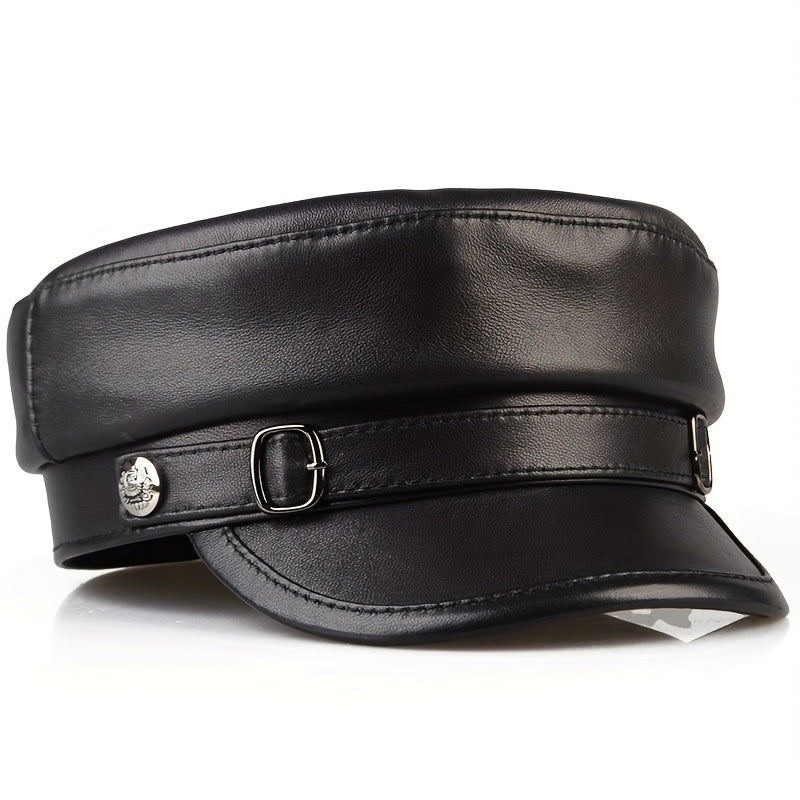 Men's genuine leather sheepskin flat top hat, retro British style, high-quality leather, suitable for all seasons