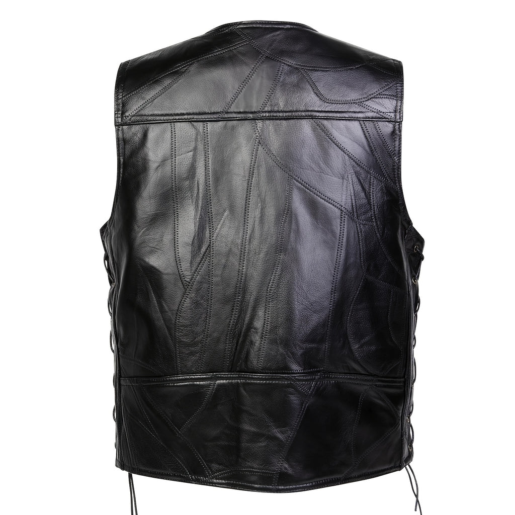 1pc Veste sans Manches en Similicuir ICEBANNER pour Homme, Veste Motocross Clubwear à Boutons-Pression et Lacets Réglables avec Poches Cachées, 100% Similicuir