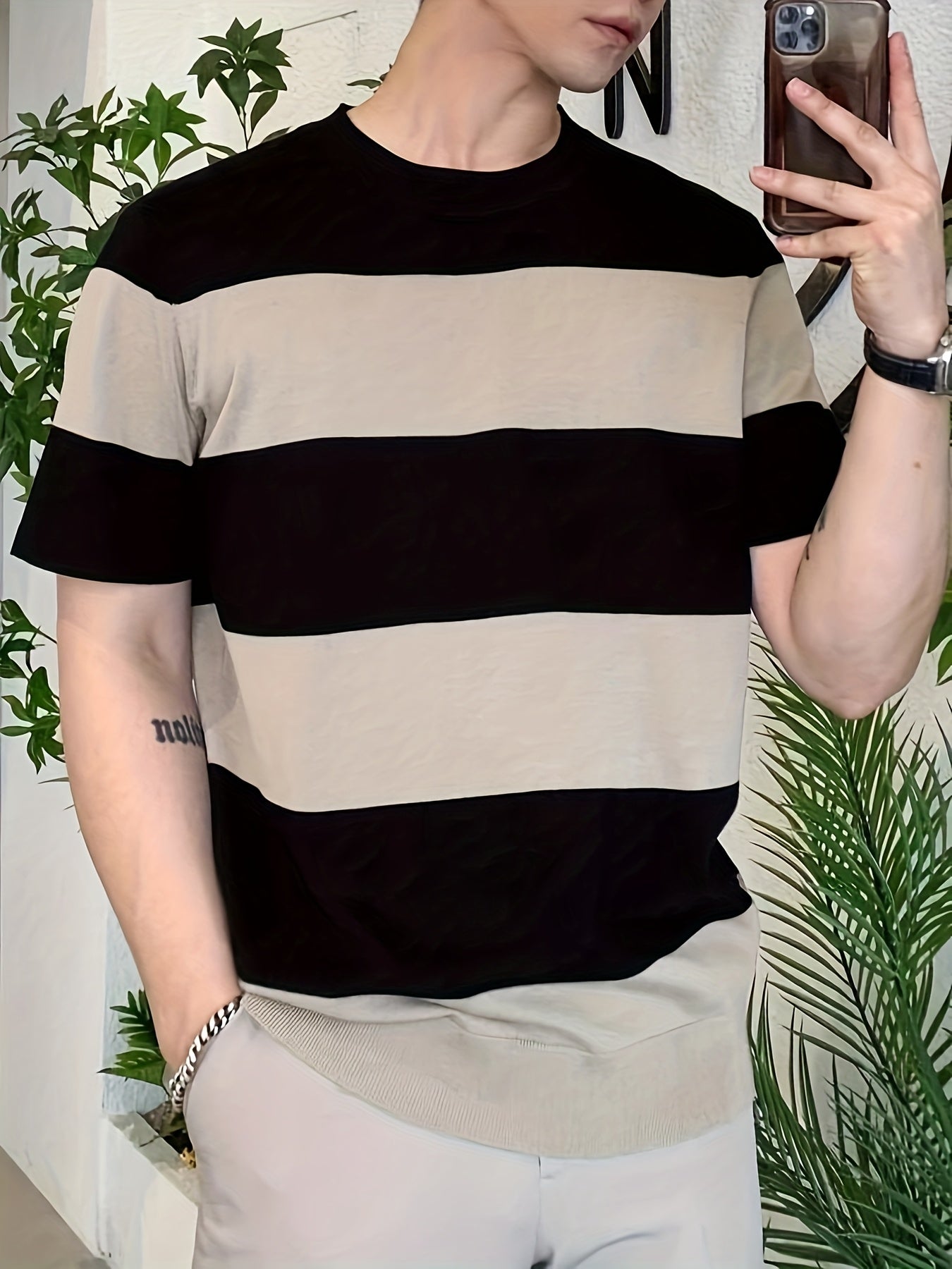 Men'S Premium Striped Color-Blocked Lightweight Knitted Short-Sleeve Shirt 490