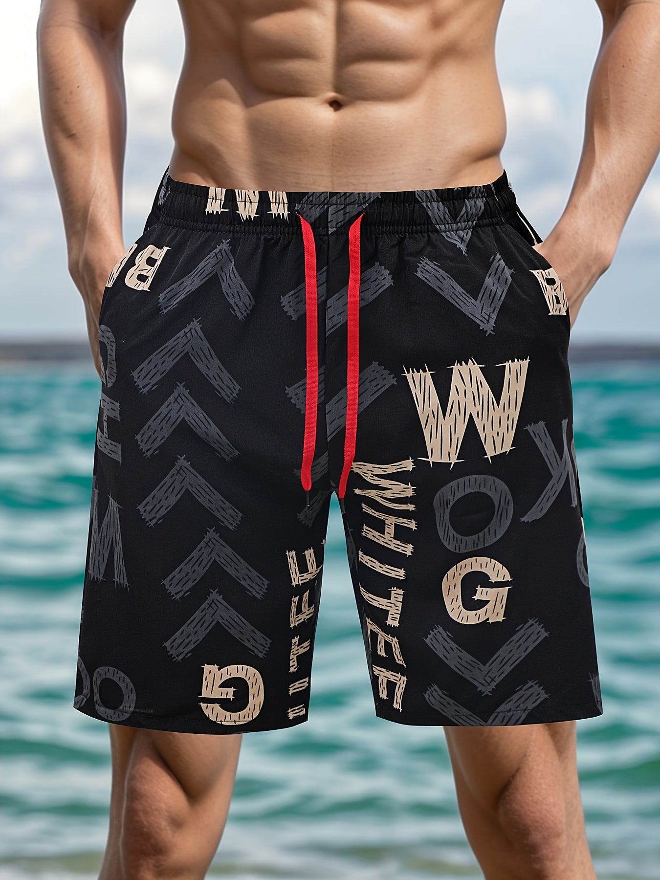 Men'S Quick-Dry Athletic Shorts - Breathable, Stretchy Polyester & Spandex Blend, Letter Print Pattern, Casual Loose Fit for Beach, Running, Cycling, Hiking, Swimming | Woven Fabric, 115g\u002Fm², Spring\u002FSummer\u002FFall