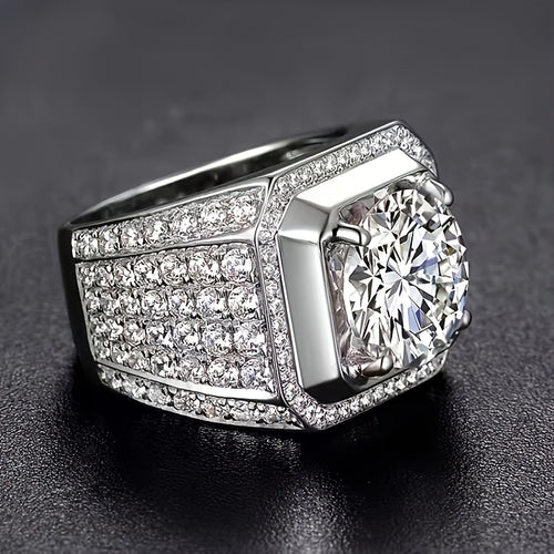1 Carat Moissanite Engagement Ring for Men, Elegant 925 Silvery Plated Faux Diamond Band, Hip Hop Style, Single Ring Jewelry