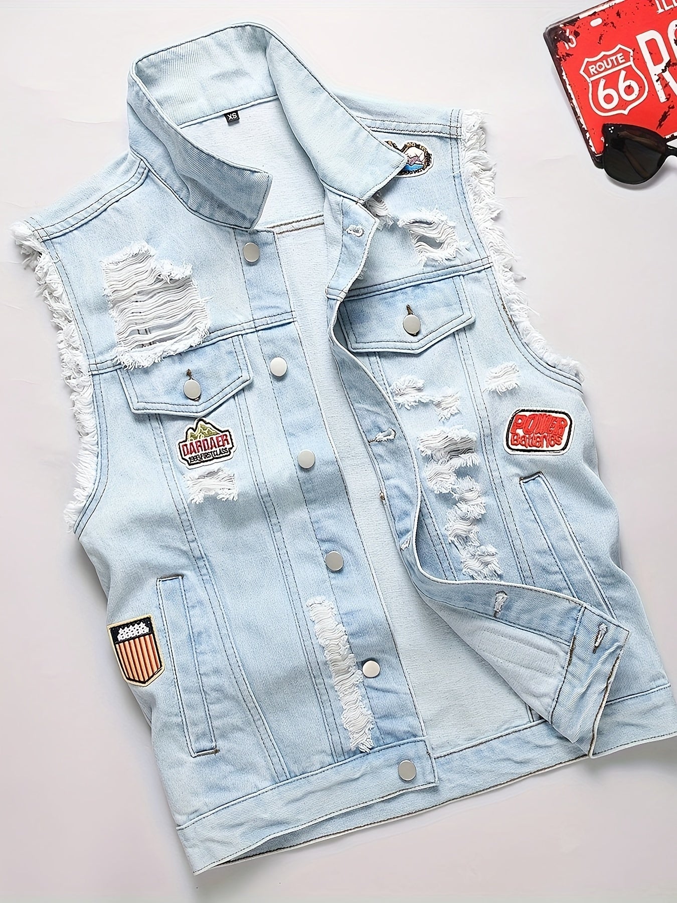 Veste en denim délavé pour homme, mélange coton, non extensible, déchirée, coupe régulière, sans manches, col à revers, style streetwear, tissé, pour printemps\u002Fautomne