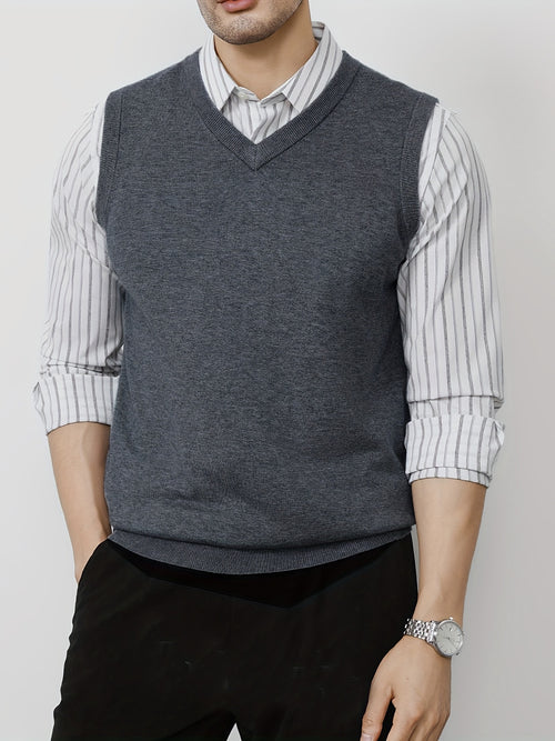 1pc Gilet sans manches en tricot à col en V uni pour homme - Pullover en polyester légèrement extensible pour le printemps\u002Fl'automne - Débardeur en tricot ajusté