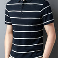 Men'S Navy & White Striped Polo Shirt - Casual Summer Golf Shirt with Short Sleeves, Button-Up, and Collared Design, Perfect for Outdoor Activities and Gifts, Casual Summer Wear | Casual Style | Polyester Fabric