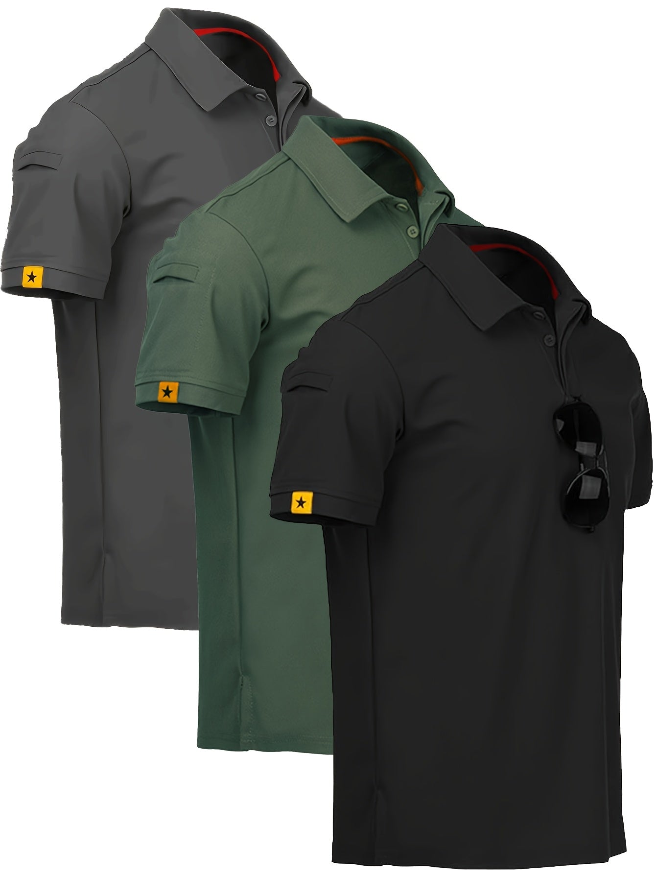 Men'S 3pcs Summer Short Sleeve Polo Shirts, Stretchy Breathable Quick-Dry Comfortable Lightweight for Outdoor Camping, Hiking & Casual Wear, Solid Color with Tag Detail, Hiking Clothing | Tag Detail Shirt | Comfortable Fit