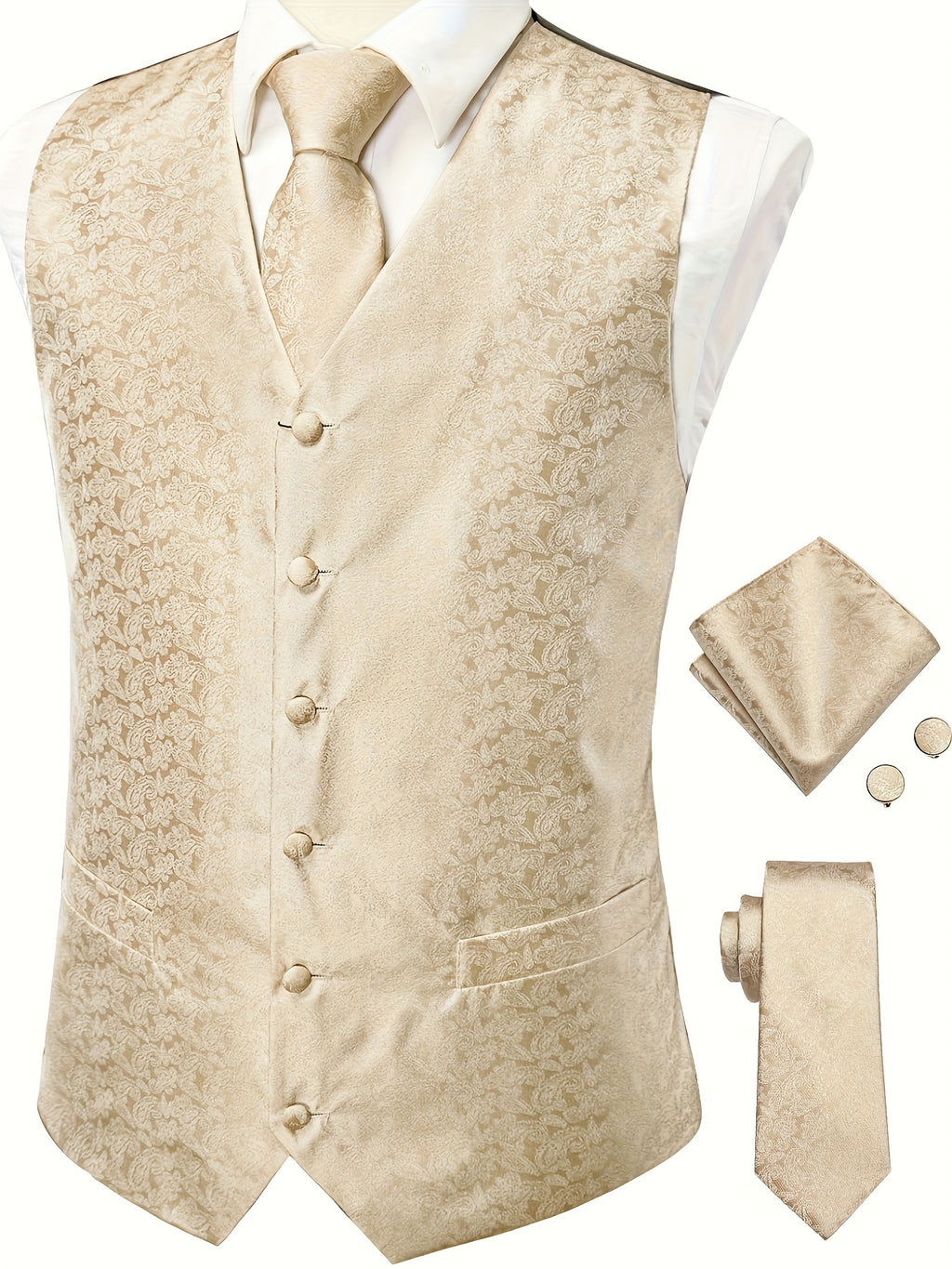 Gilet élégant en jacquard cachemire pour homme avec cravate + mouchoir + boutons de manchette pour mariage\u002Foccasions spéciales