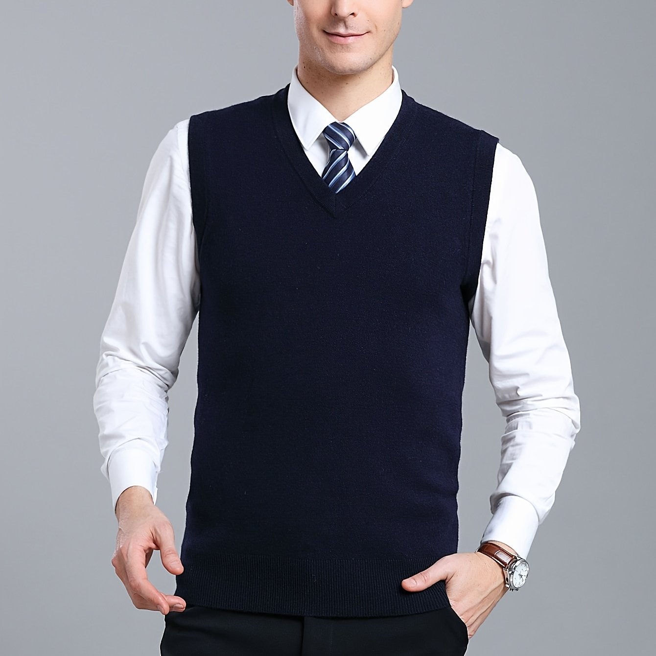 Gilet Homme Sans Manches en Laine Stretch - Texture Côtelée Élégante, Tricot Chaud pour Tenue Décontractée et Golf, Anniversaire - Noir