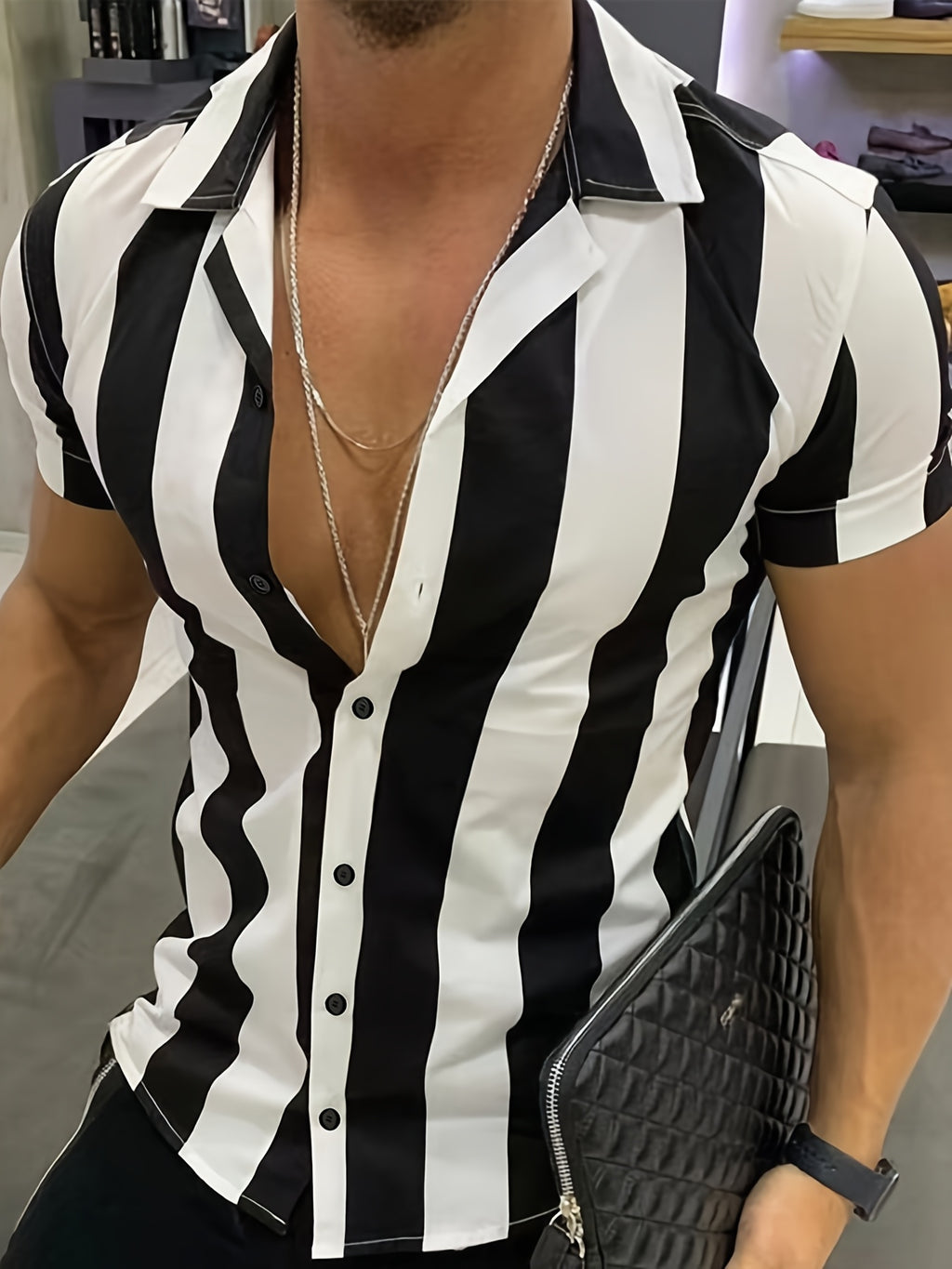 1pc Men'S Summer Casual Striped Button- Shirt - Short Sleeve, Regular Fit, Polyester Woven Fabric, Non-Stretch, Lapel Collar, Placket, for Daily & Outdoor Activities, Hiking, Weekend - Woven Fabric Weight 125g\u002Fm²