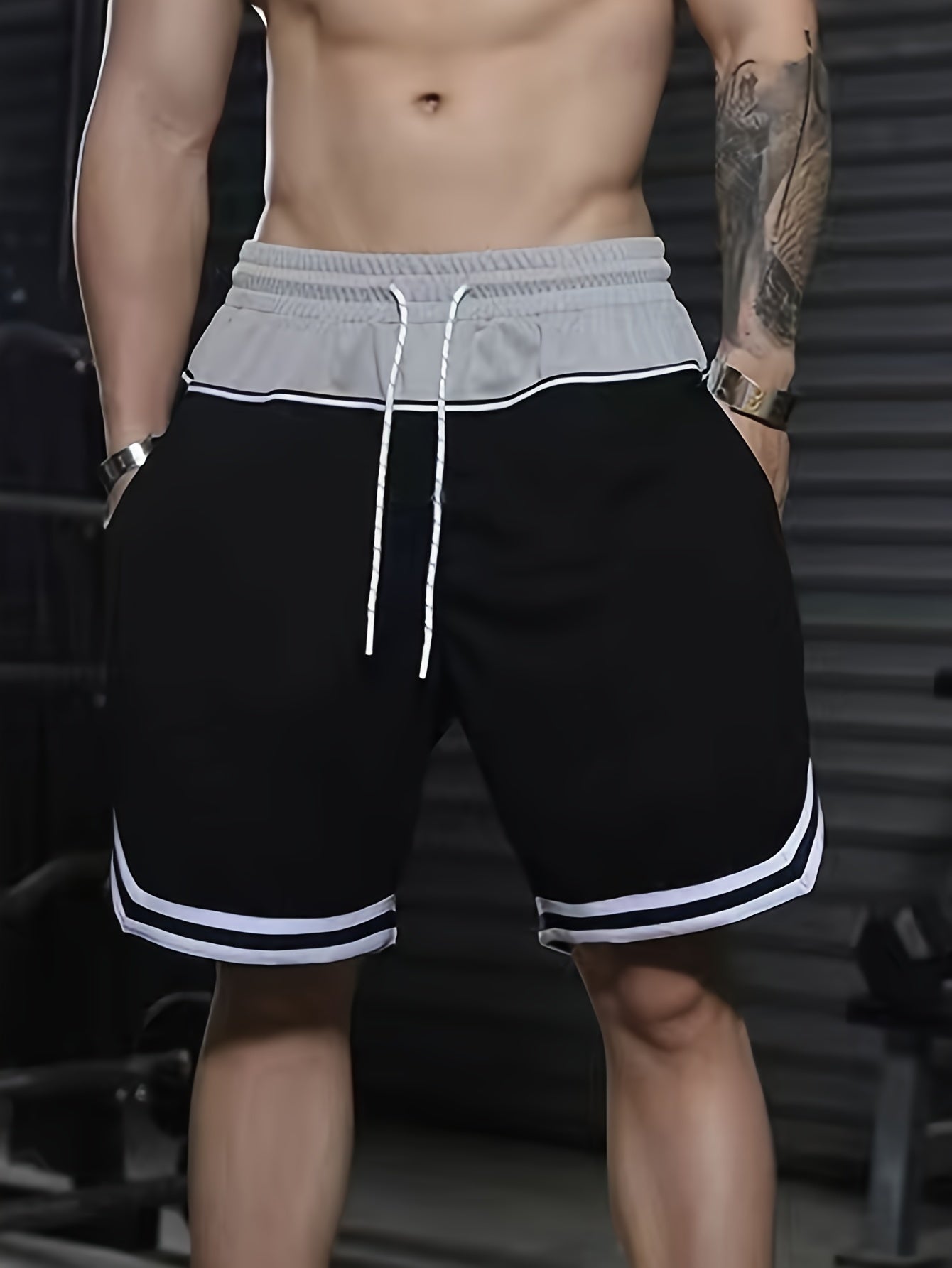 Men's Color Block Striped Shorts With Pockets, Active Elastic Waist Drawstring Shorts For Summer Fitness